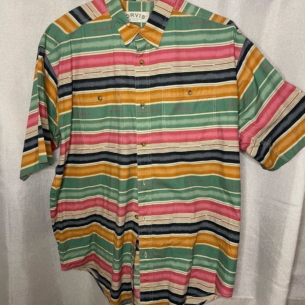 Vintage Orvis Mens Striped Shirt Multicolor Green Red Terracotta Brown Large - Picture 1 of 5